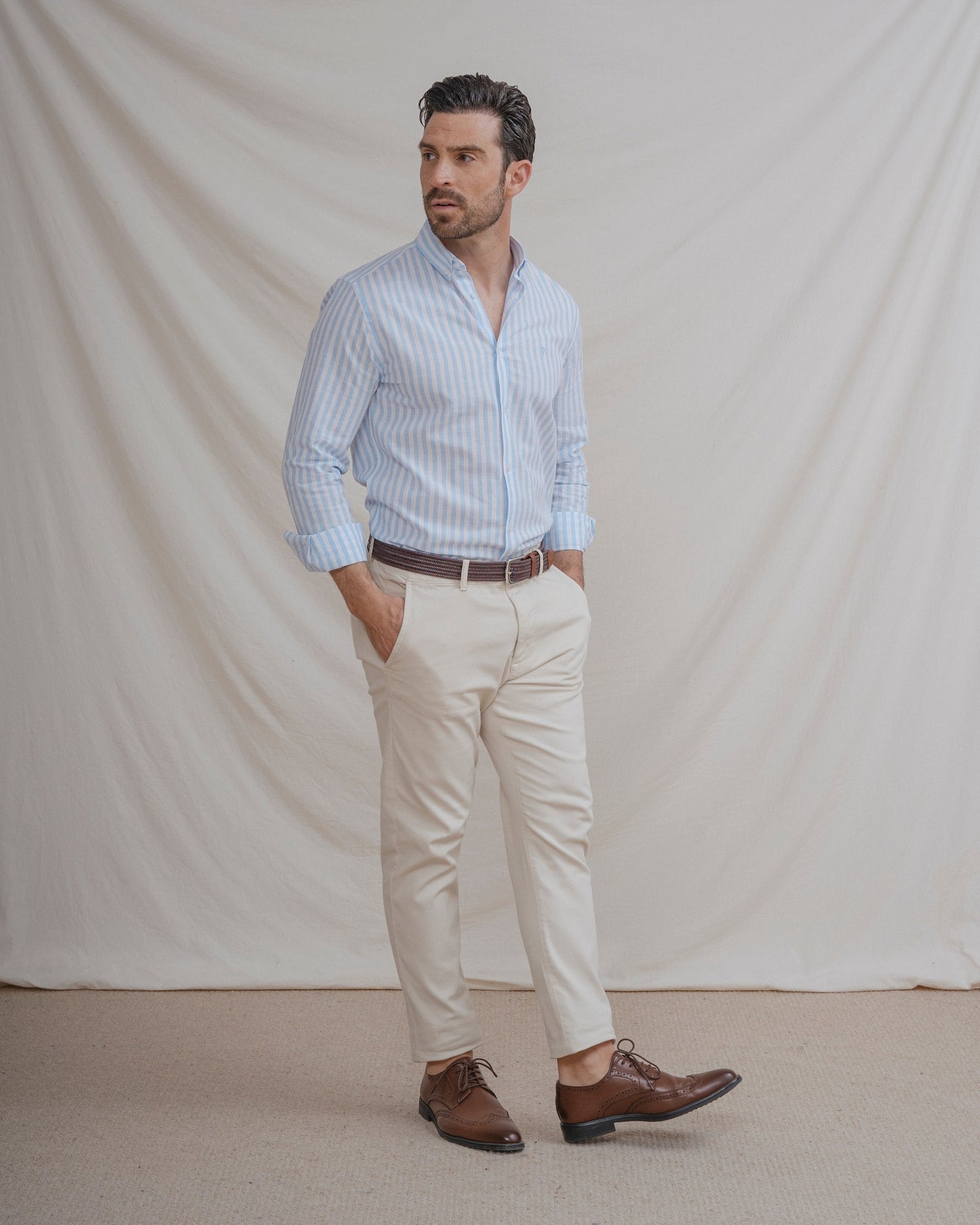 CAMISA LINO RAYA CELESTE