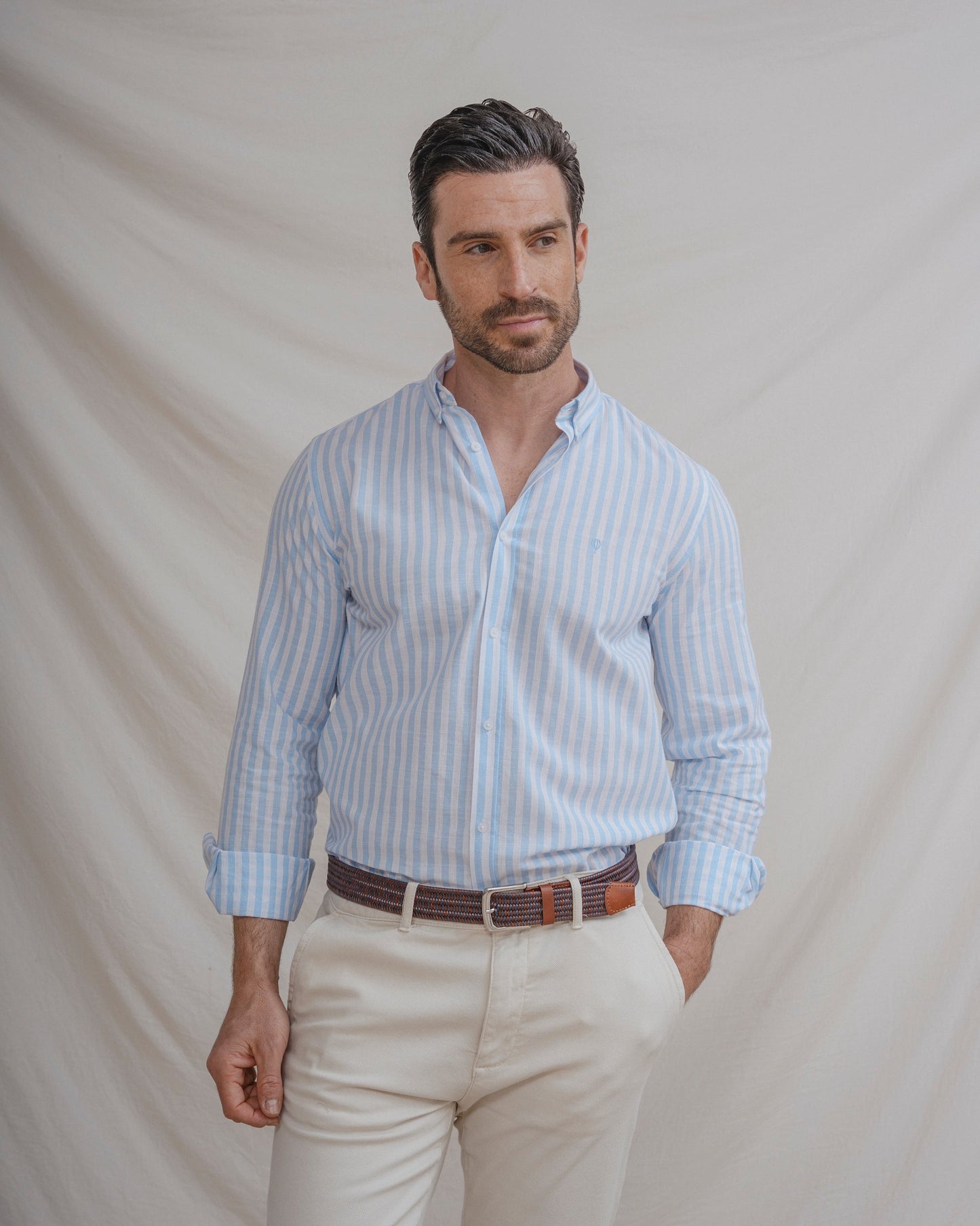 CAMISA LINO RAYA CELESTE