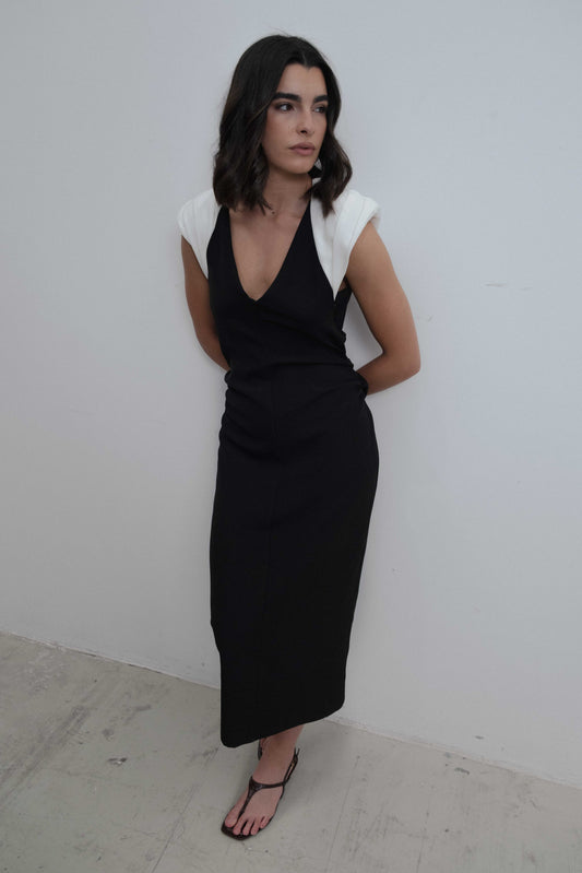 VESTIDO MIDI COMBINADO HOMBRERAS